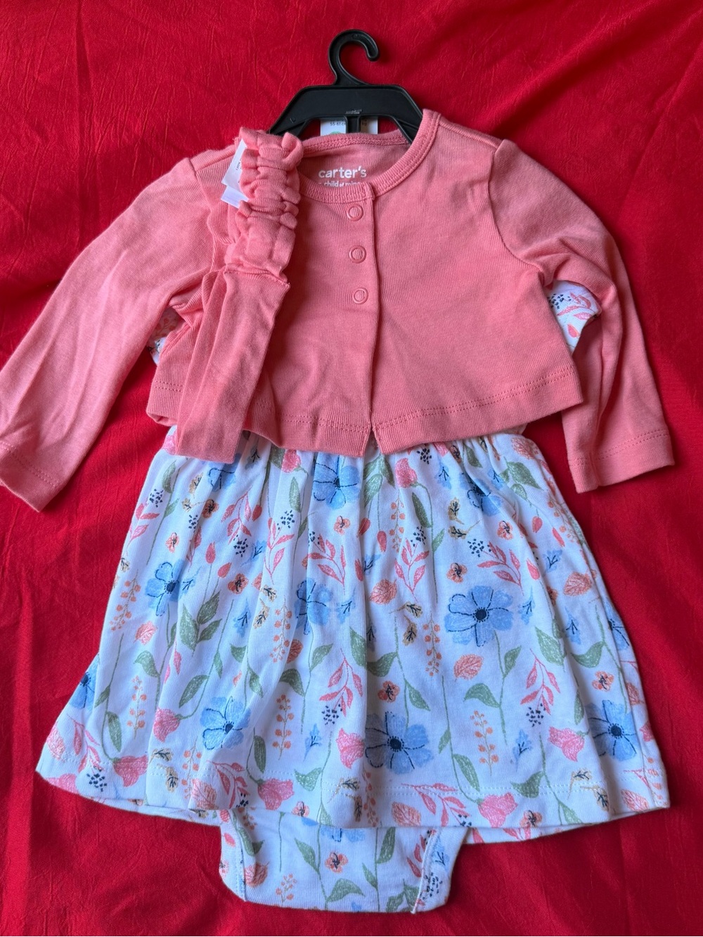 Carter's Coral Pink Cardigan Dress with Floral Skirt and Headband